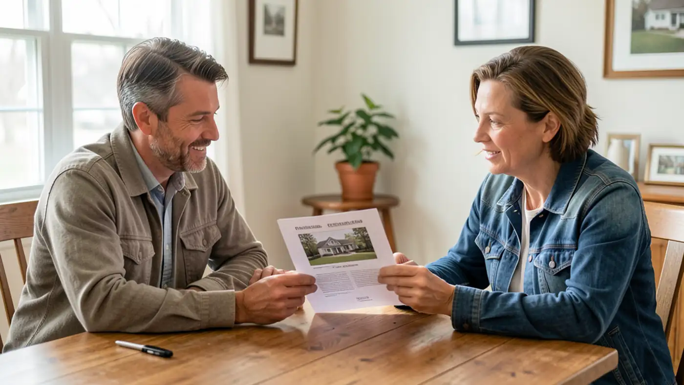 Homebuyers reviewing options and paperwork with a real-estate professional at a bright table