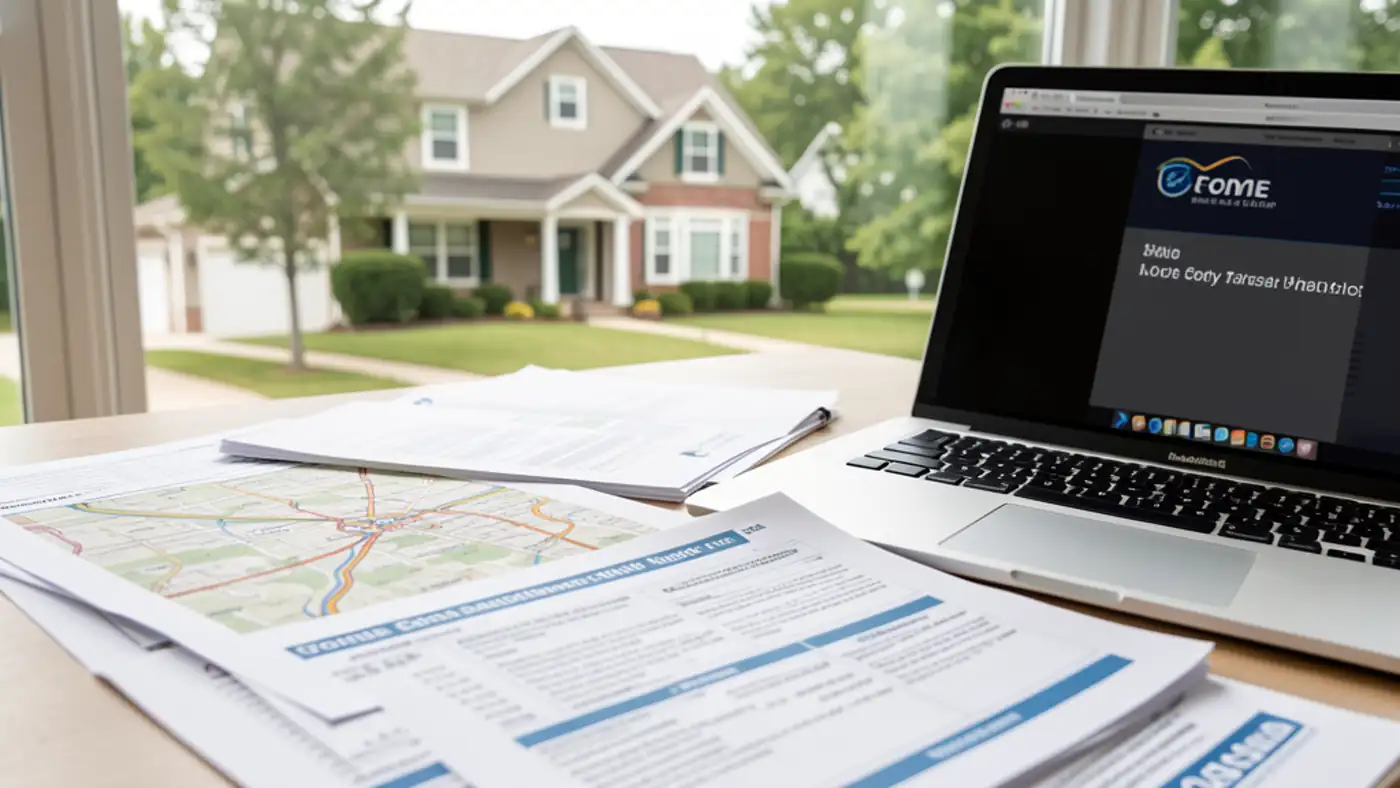Home-search planning materials and suburban context representing county-level tax and service comparisons