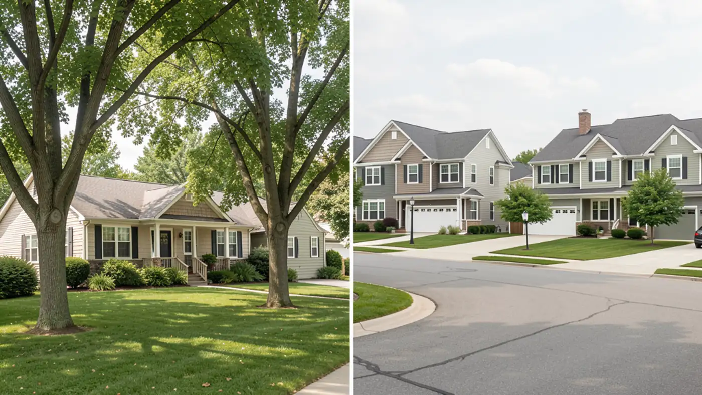 Comparison scene showing established homes and newer suburban development patterns