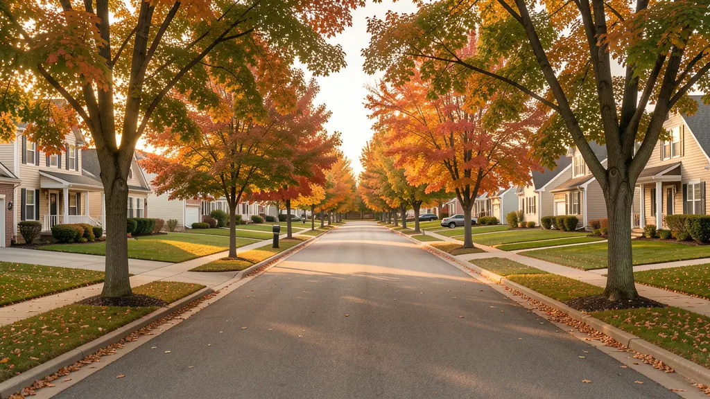 Tree-lined residential street with detached homes in a warm Midwestern suburban setting representative of the Urbandale market