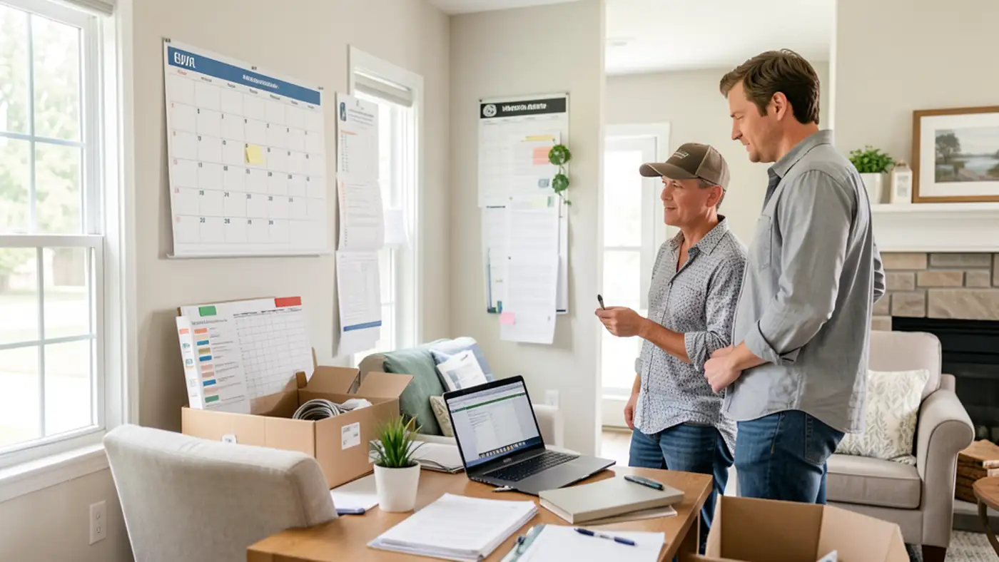 Homeowners reviewing a selling timeline and checklist in a bright living room