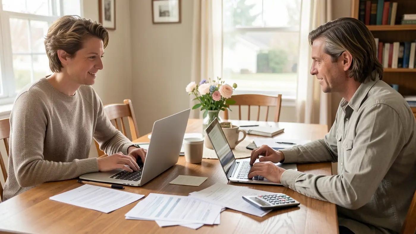 People reviewing monthly home-related costs at a dining table