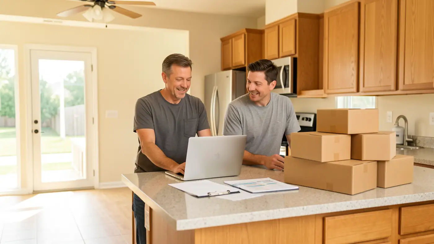 People setting up utilities and move-in details inside a bright suburban home