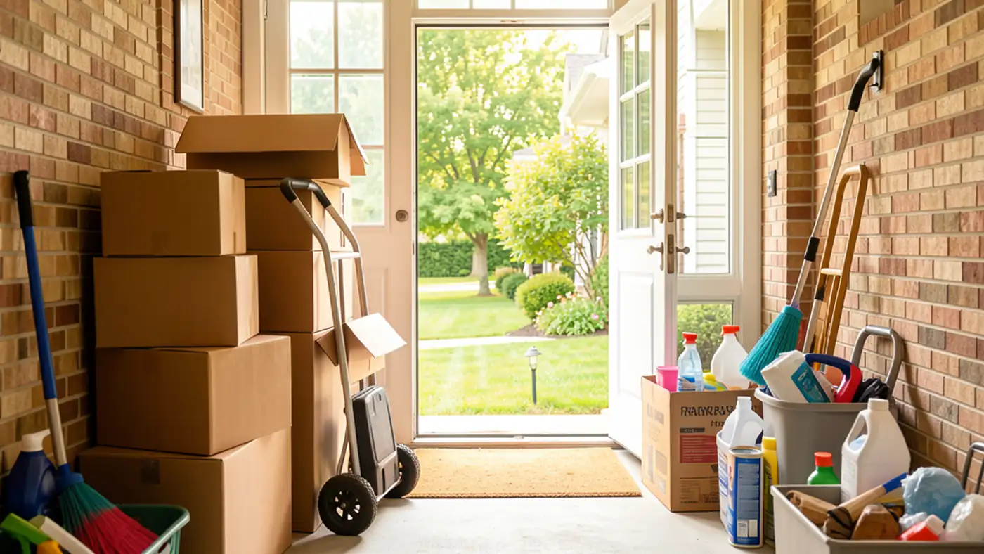 Moving supplies and home-setup materials in a bright suburban entryway