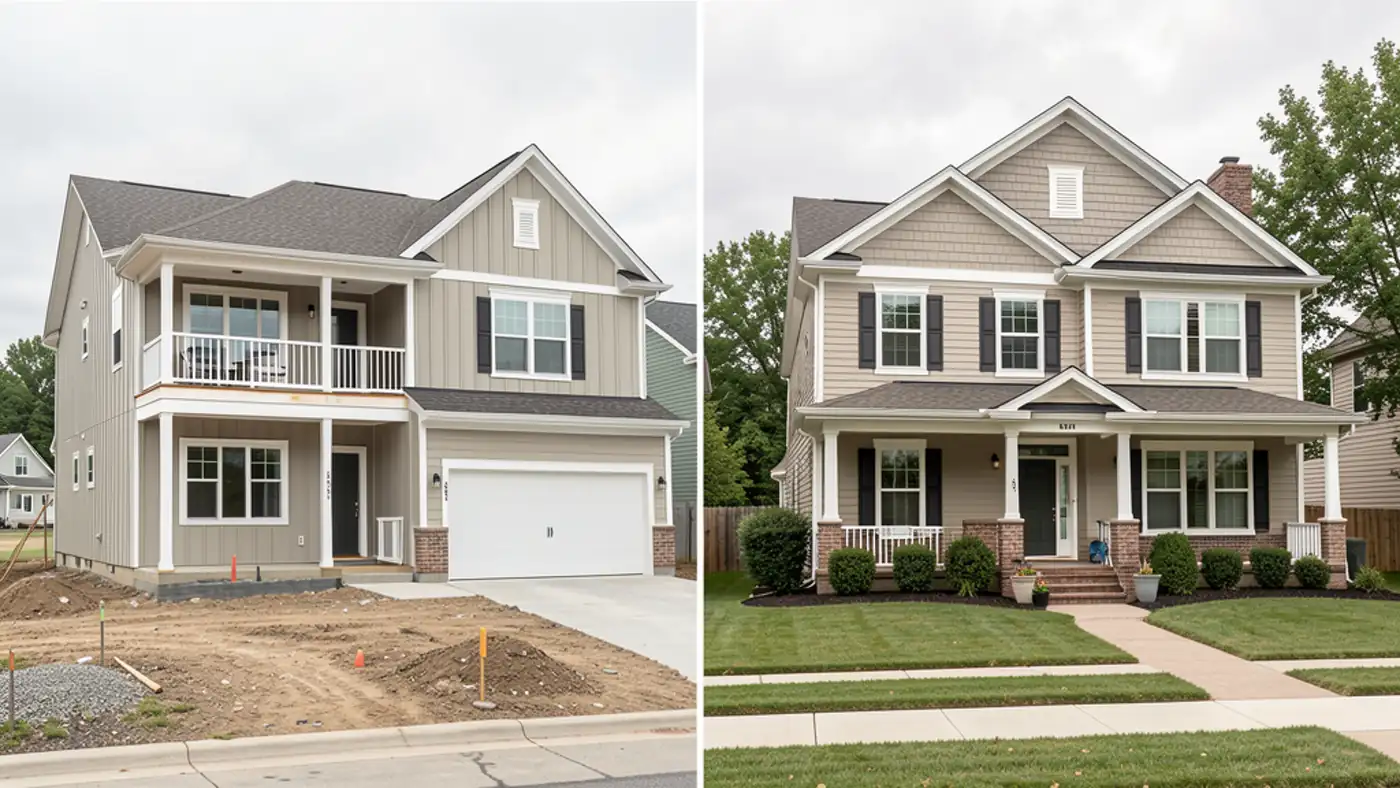 Comparison scene showing a newer home and an established resale home in a suburban setting