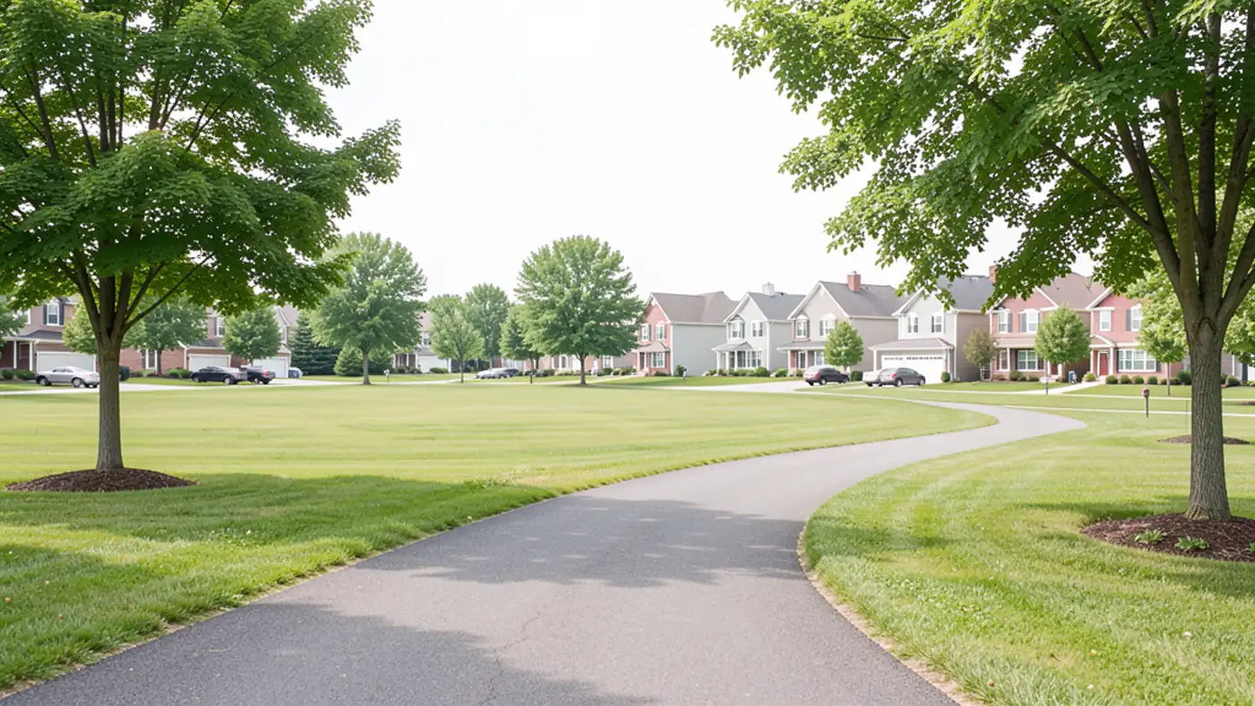 Trail and green-space scene representing parks and everyday amenities in a suburban area