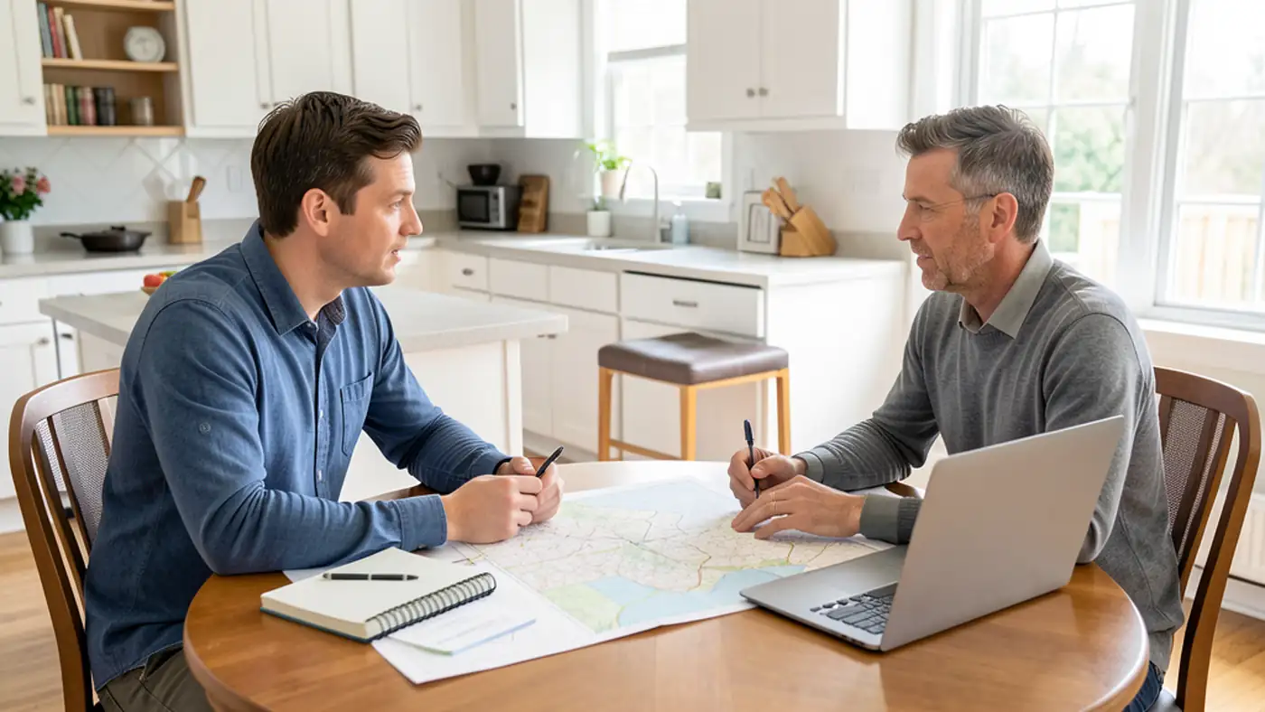 People reviewing school and address-verification details during a home-search planning session