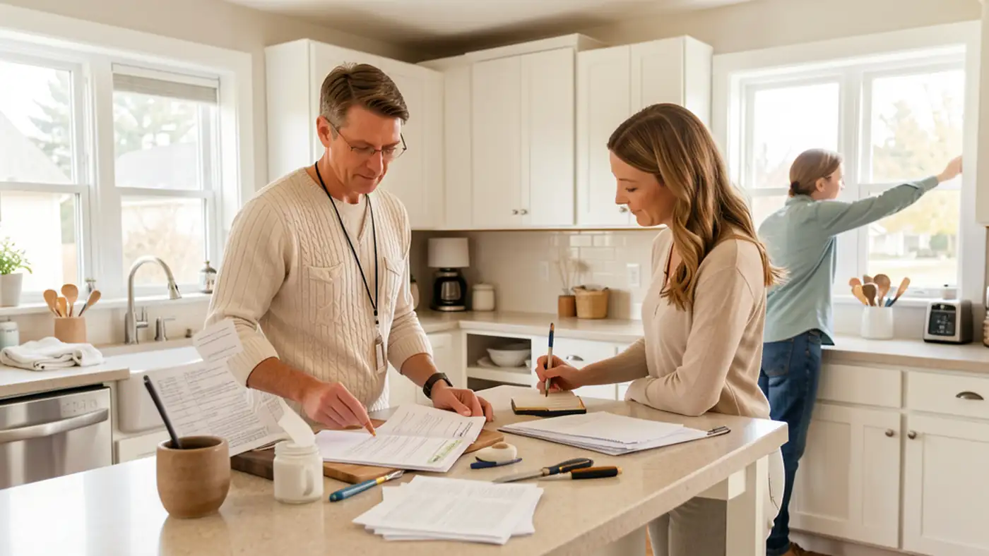 Homeowners reviewing pre-listing repairs in a bright suburban kitchen